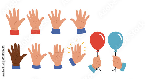 Diverse Hands High Five Celebration Balloons Clipart Illustrations