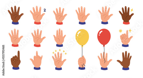 Colorful Cartoon Hands Showing Numbers, Gestures, and Balloons Illustration Set