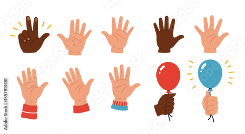 Diverse Hands Illustrations Cartoon Style, Counting, Balloons