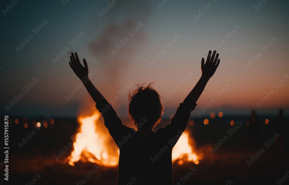 Fototapeta premium Friends celebrate freedom with a bonfire and fireworks on a starry night during 4th of July camping trip