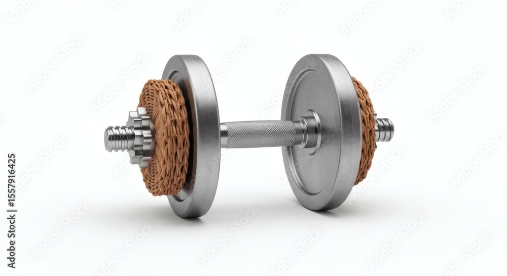 Fototapeta premium Conceptual fitness equipment featuring soft, porous weights on a gleaming dumbbell, isolated on white for light workouts and health concepts.