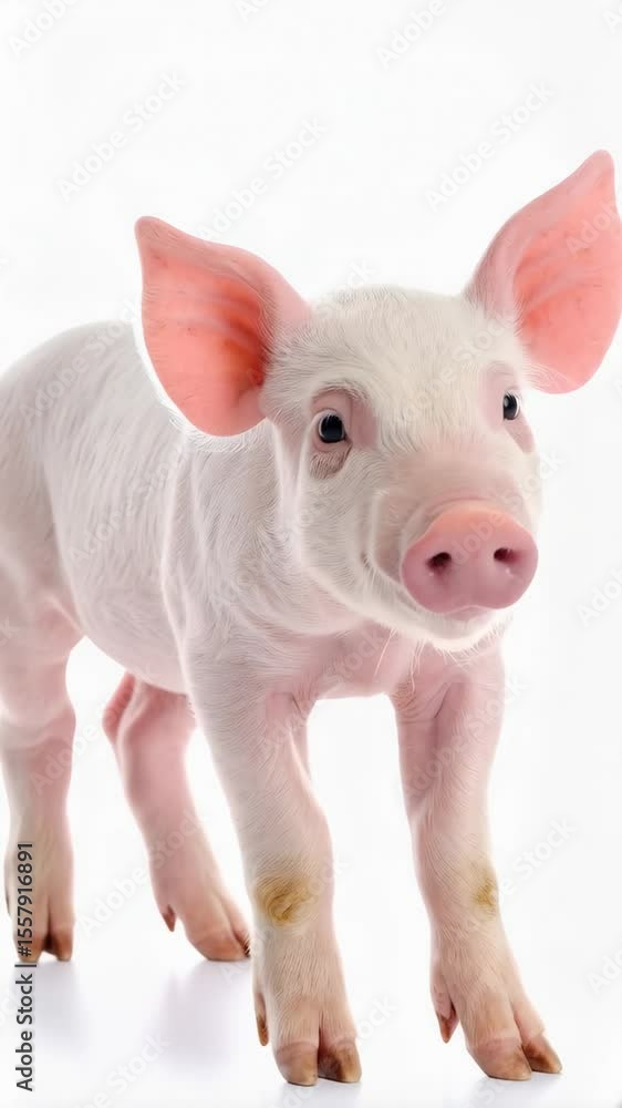 A cute little piglet standing on a white background facing the viewer, with pink ears and a pink snout, isolated studio shot. A cute little piglet standing on a white background facing the viewer, with pink ears and a pink snout, isolated studio shot.