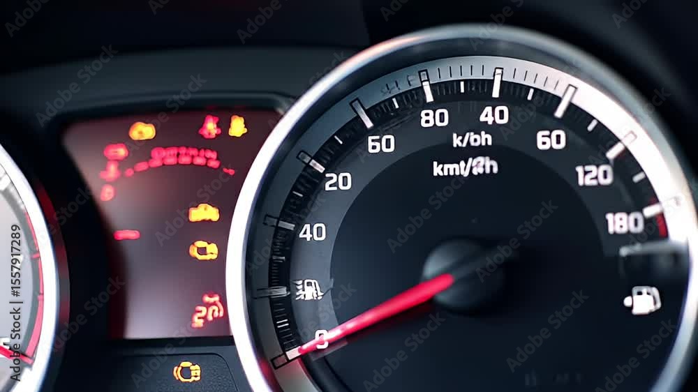 Car dashboard featuring a speedometer and warning lights, up-close view Car dashboard featuring a speedometer and warning lights, up-close view