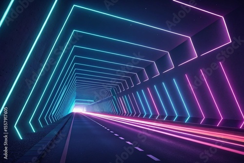 Neon lights frame, tunnel corridor portal. The geometric contour of the glow forms laser luminous lines. Vector background of road illuminates glowing light line with neon lamp in futuristic style.