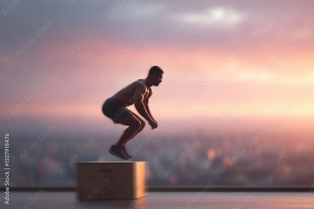 Fototapeta premium Athletic man jumps onto a box, silhouetted against a colorful sunset. Represents strength, fitness, dedication, and overcoming challenges. Ideal for motivation, wellness, and sports concepts.