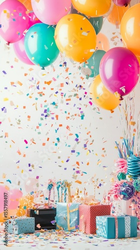 A lively and colorful birthday party scene filled with bright balloons, beautifully wrapped gifts, sparkling streamers, and playful confetti, all set against a crisp white background