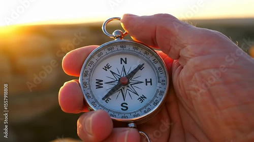 Hand holds a compass against blurred landscape at sunset