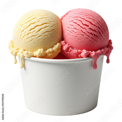 Vanilla and strawberry ice cream scoops in disposable cup isolated on clear transparent background Generative Ai.