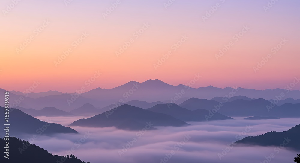 Obraz premium Serene mountain landscape bathed in the soft glow of sunrise, with rolling hills.