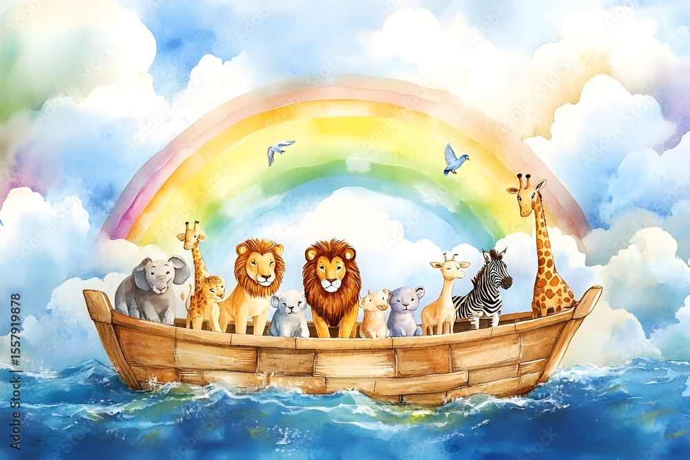 Obraz premium Watercolor painting of noah's ark with lion, giraffe, elephant, zebra, dove, goat and cat, with rainbow behind the boat, clouds and sunlight in the sky, blue water
