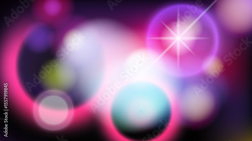 Vivid vector illustration of a glowing burst with spiked rays, in modern digital and neon style. Features yellow, blue, pink, purple colors with soft circles and bright star shapes.