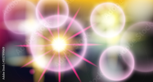 Vivid vector illustration of a glowing burst with spiked rays, in modern digital and neon style. Features yellow, blue, pink, purple colors with soft circles and bright star shapes.