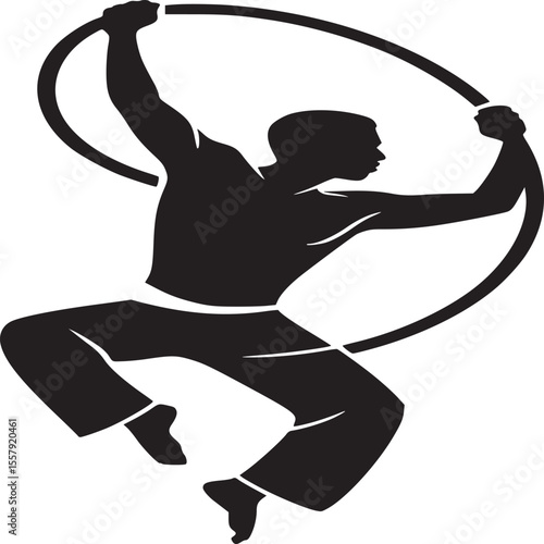 Silhouette of a man performing aerial hoop acrobatics in a dynamic pose on a white background art