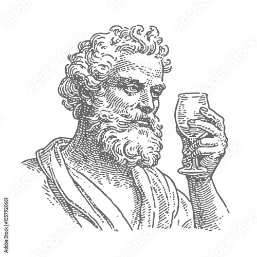 Ancient history man with a glass of wine. Vintage rough woodcut engraving linocut style vector illustration.