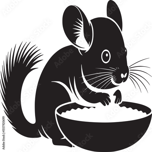 Silhouette of a chinchilla eating from a bowl with a fluffy tail on a white background design