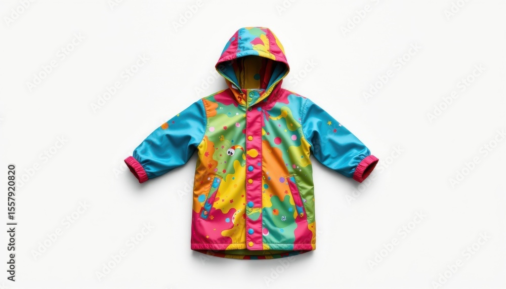 Fototapeta premium a single children's raincoat, isolated on a pure white background, ultra detailed 8k resolution, vibrant and unusual color scheme, clean studio lighting, professional product photo, no shadow