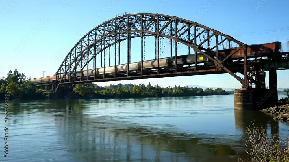 Arch bridge carrying train over water on a sunny day Arch bridge carrying train over water on a sunny day