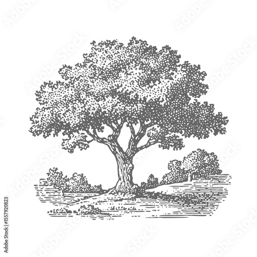 Hand Drawn Tree. Vintage rough woodcut engraving linocut style vector illustration.