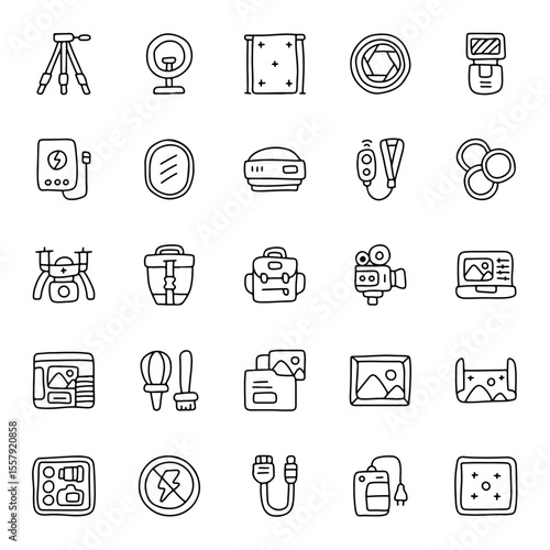 Photography and Videography Hand Drawn Icon Set – Camera, Lens, Tripod, Drone, Flash, Studio Equipment, Editing Tools – Doodle Style