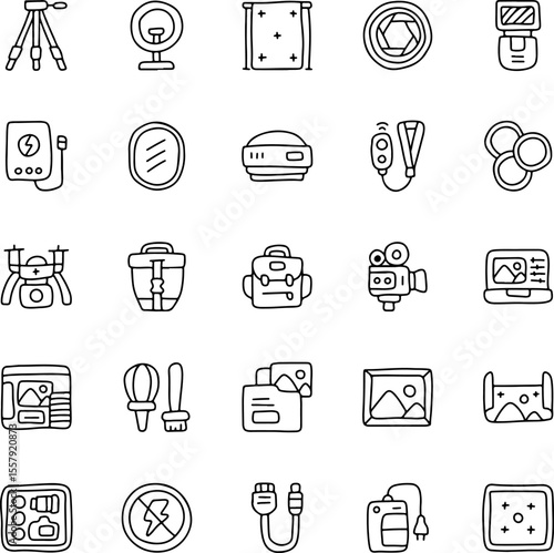 Photography and Videography Hand Drawn Icon Set – Camera, Lens, Tripod, Drone, Flash, Studio Equipment, Editing Tools – Doodle Style