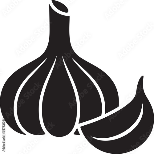 Illustration of a garlic bulb and a single clove in black silhouette on a white background image