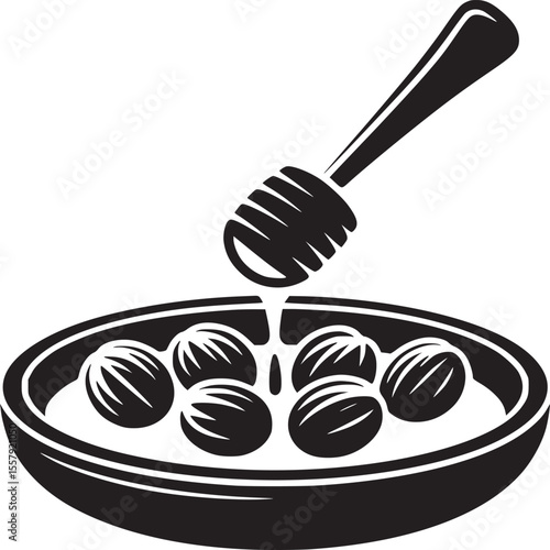 Black and white vector illustration of a bowl of fruit with honey being drizzled on top using a dipper