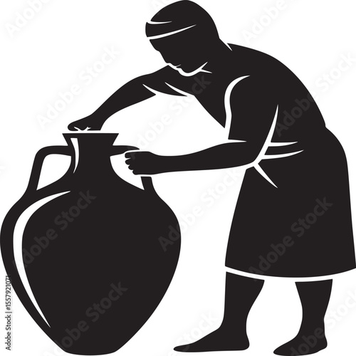 Man in silhouette reaching into a large amphora with handles in black and white illustration style