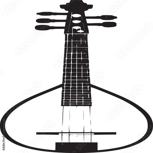 Illustration of a stringed musical instrument with a pear shaped body and tuning pegs at the top