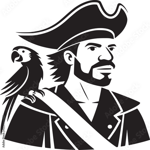 A black and white illustration of a pirate with a parrot on his shoulder wearing a tricorn hat