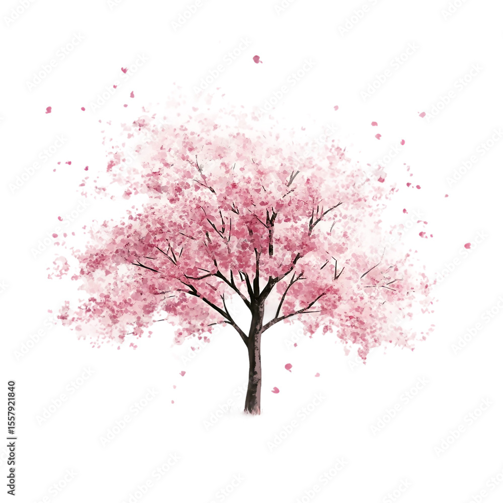 Fototapeta premium Cherry blossom tree with a pink flower on a white background. Generative AI