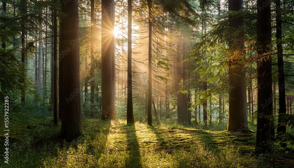 Fototapeta premium morning in the forest sunlight between shady trees