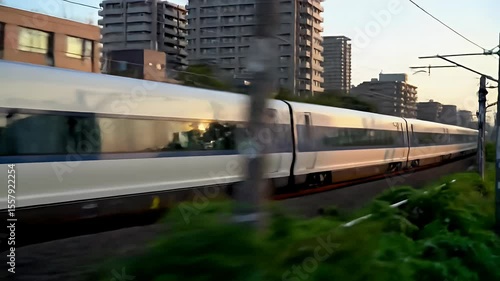 Wallpaper Mural Blurry high-speed train speeding past urban scenery at dusk Torontodigital.ca