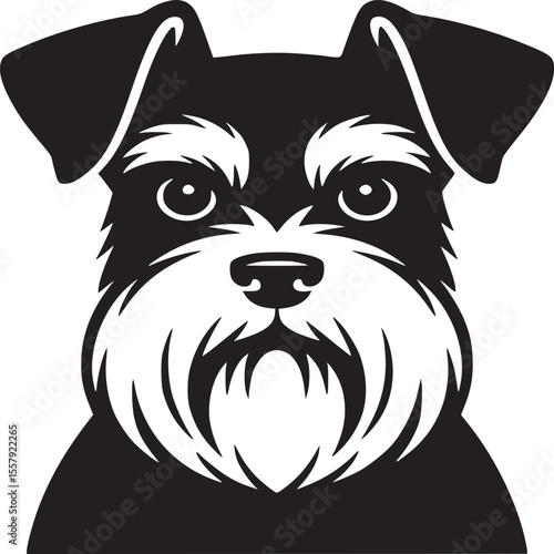 A black and white graphic illustration of a schnauzer dog head with a white background design element