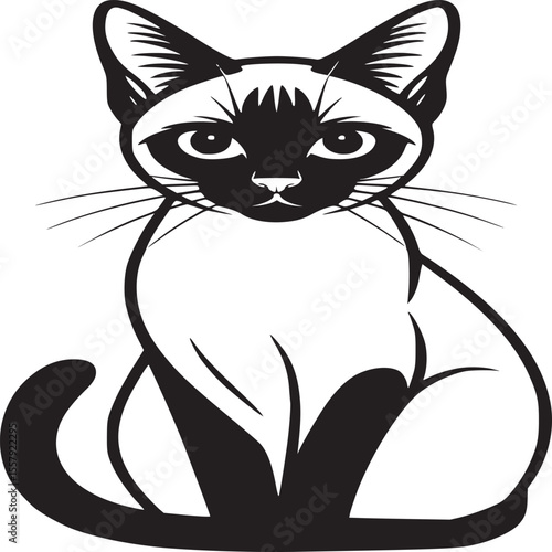 Stylized black and white siamese cat sitting with piercing eyes and detailed whiskers on white background