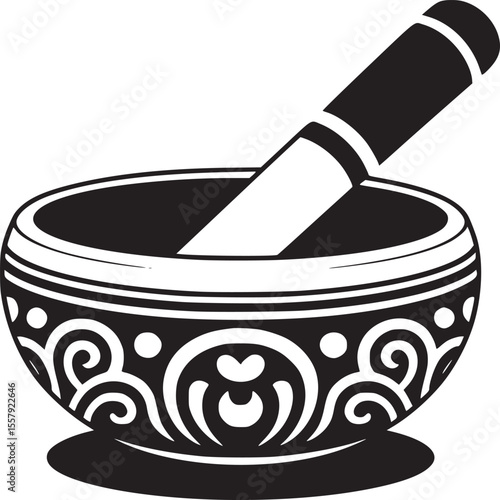 Illustration of a black and white ornate bowl with a pestle resting inside on a white background