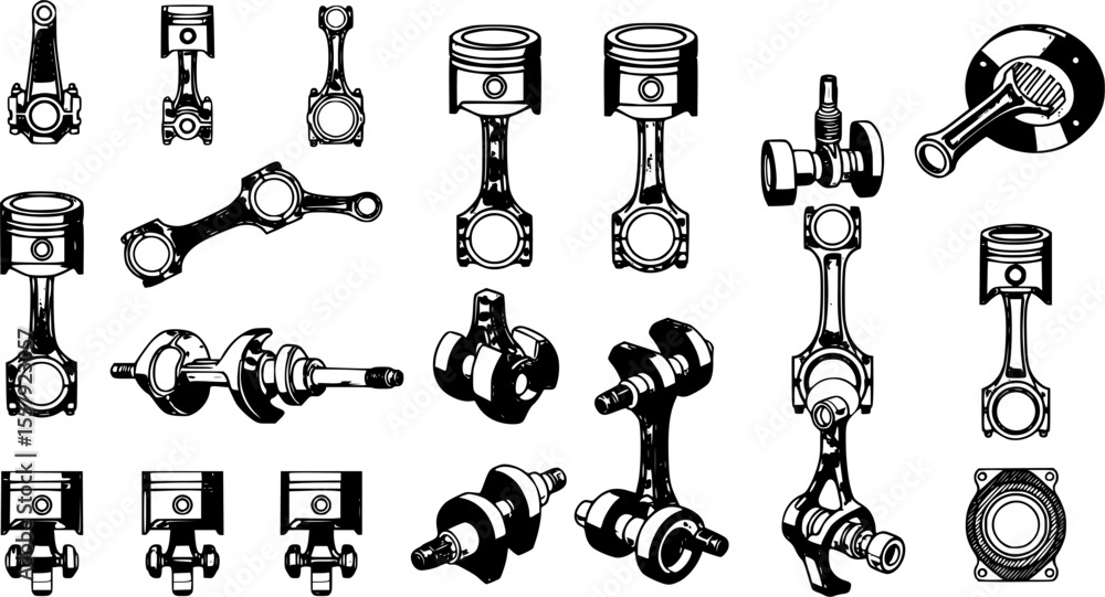 Car engine piston icons set. Collection of various engine pistons, highlighting diverse connecting rod and crankshaft configurations
Car engine piston icons set. Collection of various engine pistons, highlighting diverse connecting rod and crankshaft configurations