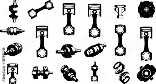 Car engine piston icons set. Collection of various engine pistons, highlighting diverse connecting rod and crankshaft configurations

