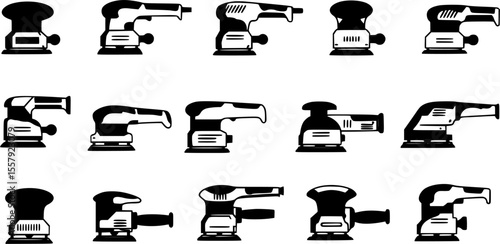 Electric sanding machine icons set. Orbital sanders in different colors and shapes are presented, showcasing a variety of tools for sanding and polishing surfaces