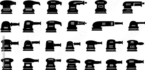 Electric sanding machine icons set. Orbital sanders in different colors and shapes are presented, showcasing a variety of tools for sanding and polishing surfaces