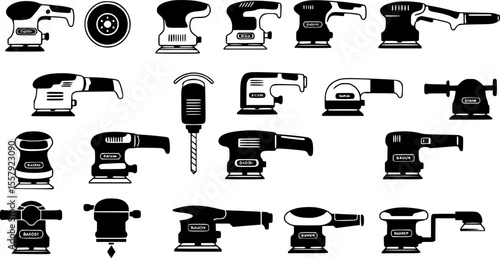 Electric sanding machine icons set. Orbital sanders in different colors and shapes are presented, showcasing a variety of tools for sanding and polishing surfaces