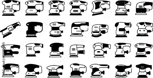 Electric sanding machine icons set. Orbital sanders in different colors and shapes are presented, showcasing a variety of tools for sanding and polishing surfaces