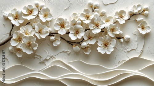 Ornate white blossoms on a textured cream background.