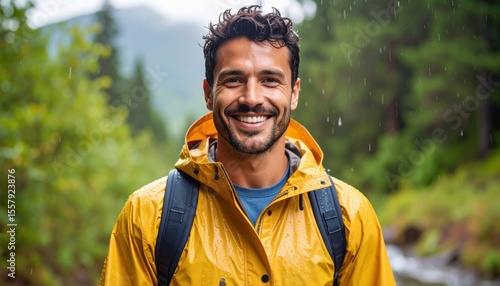 Smiling Man In Yellow Rain Jacket During Rainy Day