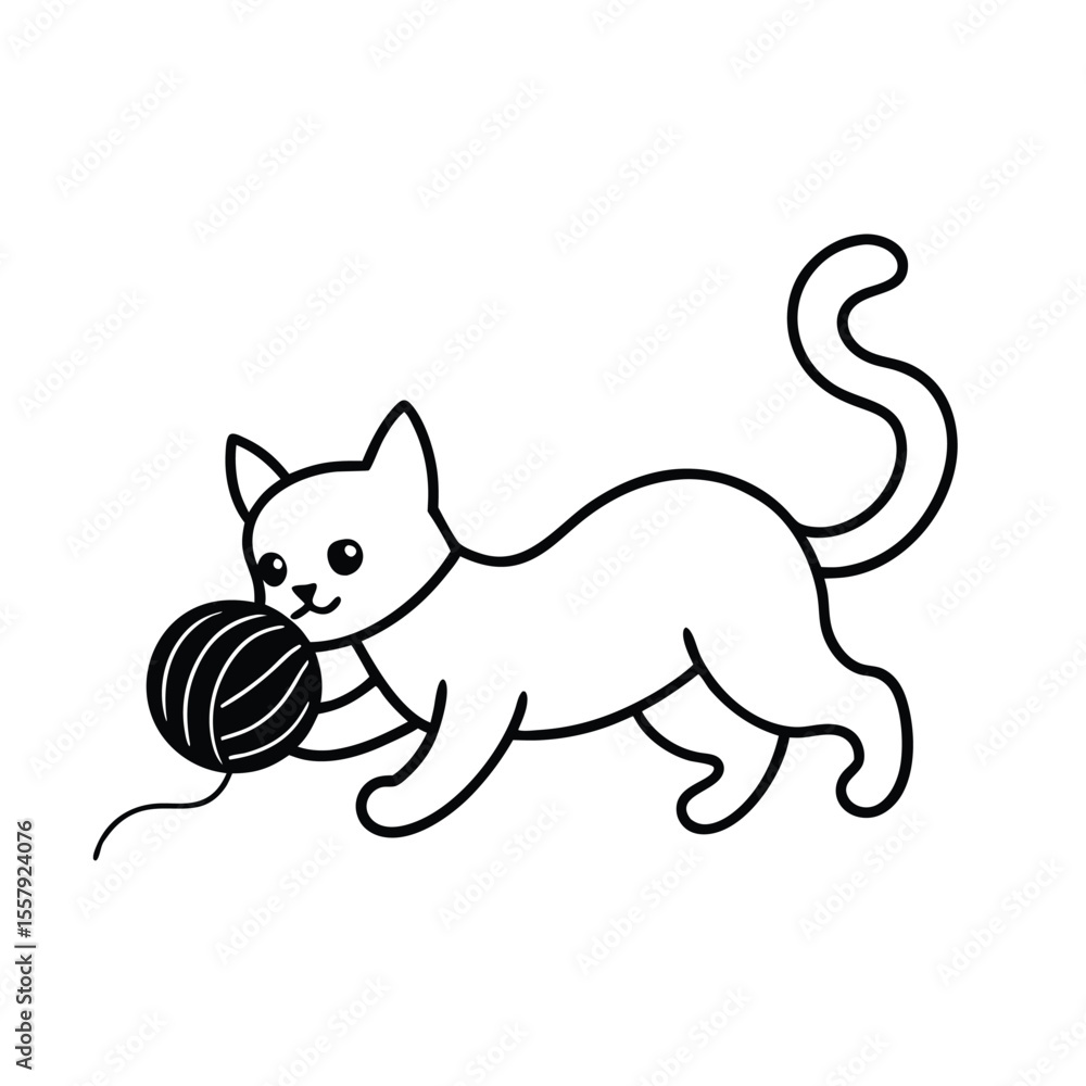 Naklejka premium Cute kitten stretching playfully with yarn ball lines Vector illustration