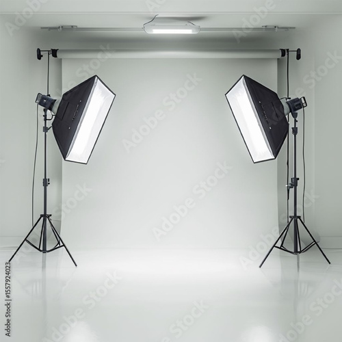 Professional photo studio with soft, symmetrical lighting and an elegant white backdrop