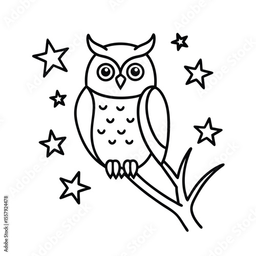 Owl perched calmly on tree branch with stars above Vector illustration