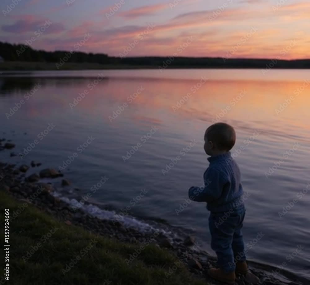 A toddler watching a lake in sunset A toddler watching a lake in sunset