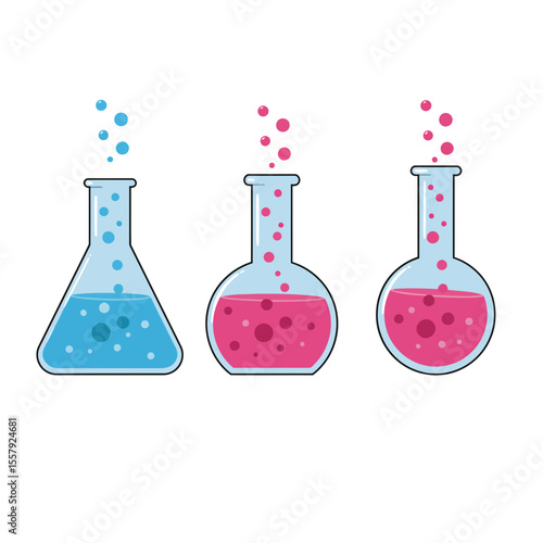 Colorful chemistry beakers with bubbling liquids