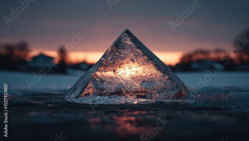 A translucent triangular ice prism sits on a snowy surface, backlit by a vibrant sunset, reflecting warm hues onto the ice and ground