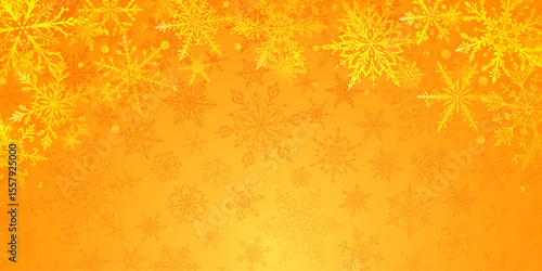 Christmas illustration in yellow tones featuring intricate snowflakes of varying sizes and designs arranged on top, with barely noticeable dark silhouettes of snowflakes in the background.